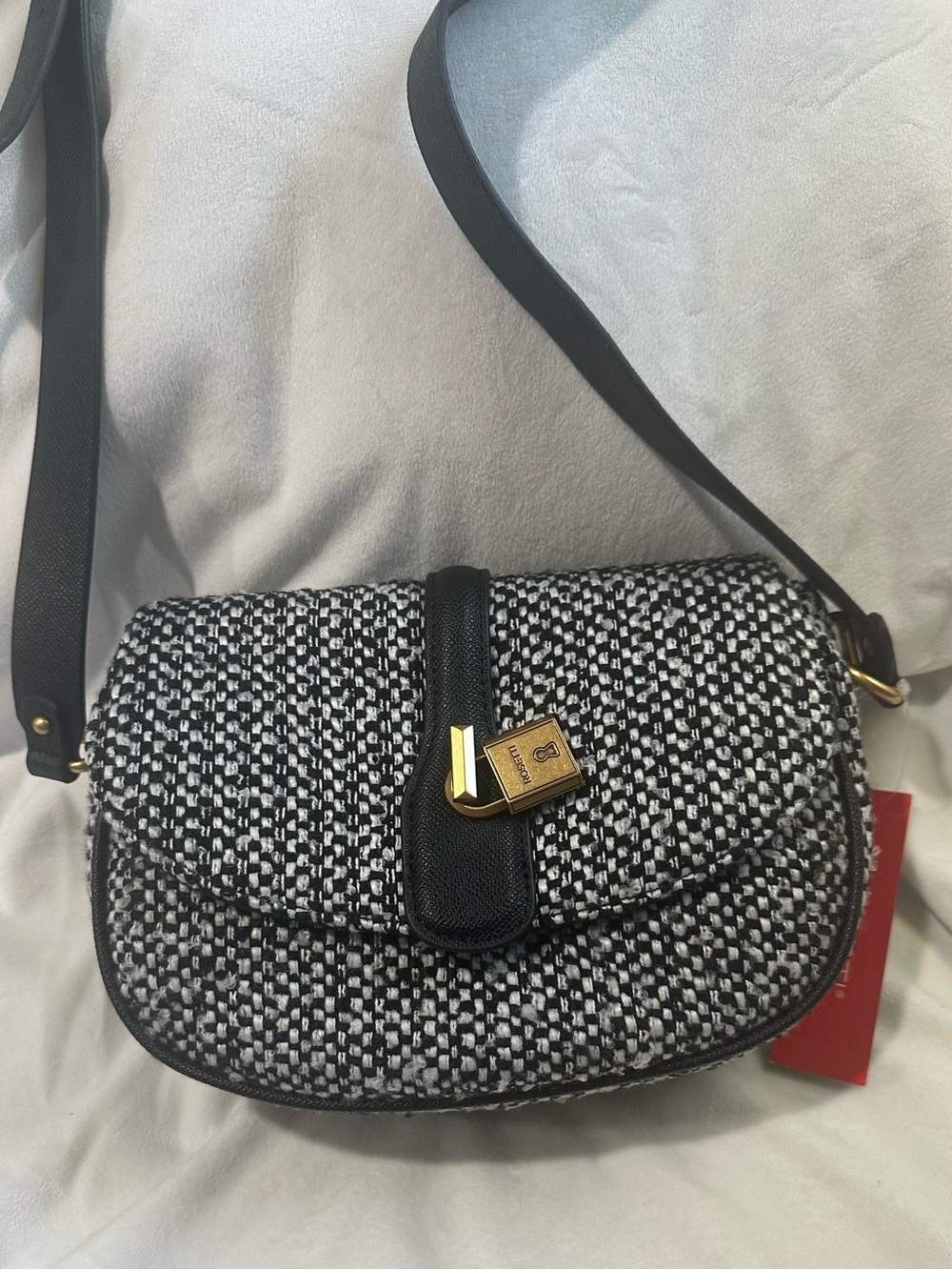 Rossetti Black & White Woven Crossbody Bag with Gold Lock